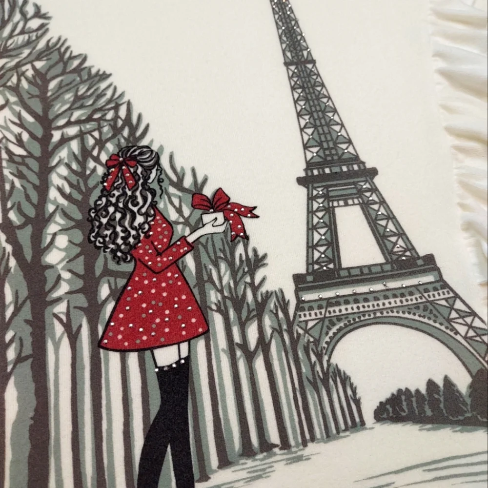 Love + Lace Cream Eiffel Tower & Lady Winter Scene Ruffle Detail Sweatshirt 3X - Picture 3 of 11